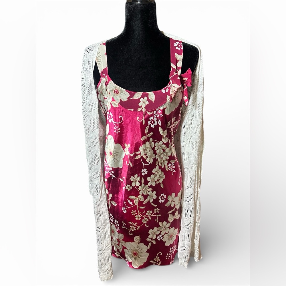 Madison & Max Red Slip Dress with Cream Floral Design and Bow